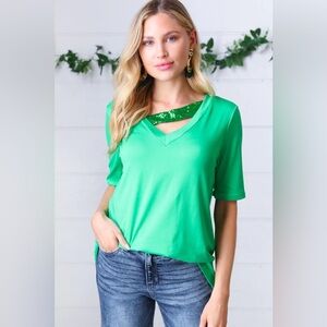 Saint Patty Green Asymmetrical Sequin Banded V Neck Top